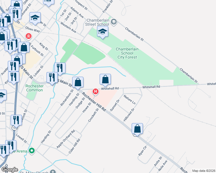 map of restaurants, bars, coffee shops, grocery stores, and more near 18 Whitehall Road in Rochester