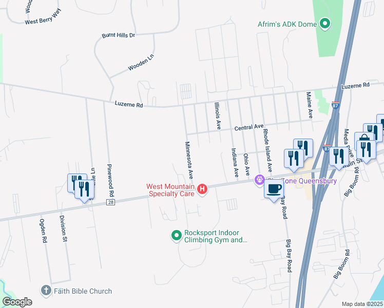 map of restaurants, bars, coffee shops, grocery stores, and more near 40 Minnesota Avenue in Queensbury