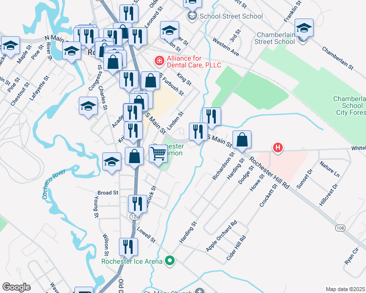 map of restaurants, bars, coffee shops, grocery stores, and more near 144 South Main Street in Rochester