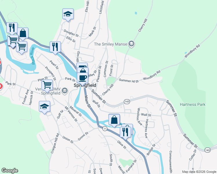 map of restaurants, bars, coffee shops, grocery stores, and more near 63 Summer Hill Street in Springfield