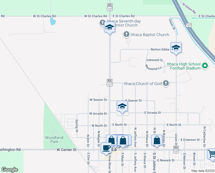 map of restaurants, bars, coffee shops, grocery stores, and more near 610 North Pine River Street in Ithaca