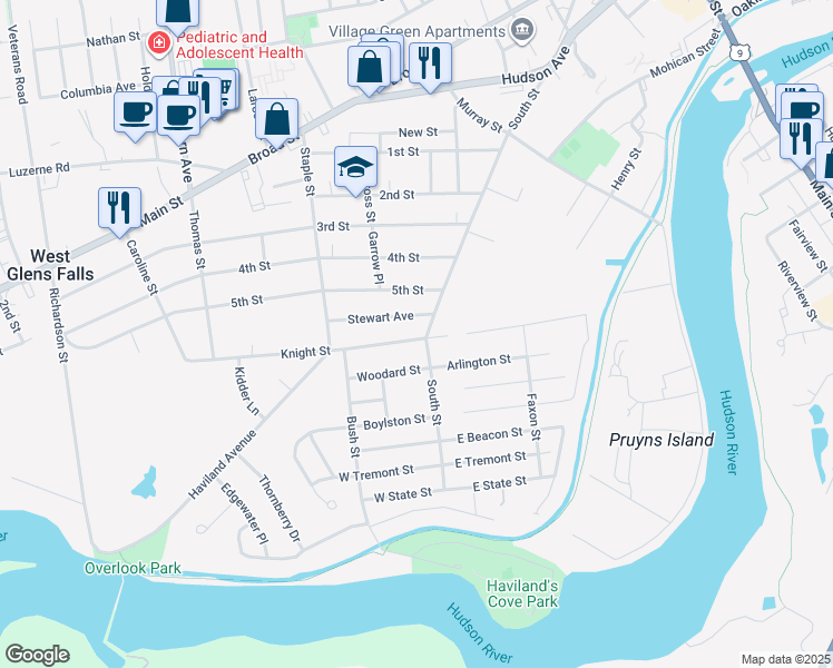 map of restaurants, bars, coffee shops, grocery stores, and more near 6 Stewart Avenue in Glens Falls