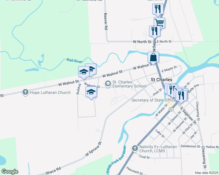 map of restaurants, bars, coffee shops, grocery stores, and more near 614 West Maple Street in Saint Charles