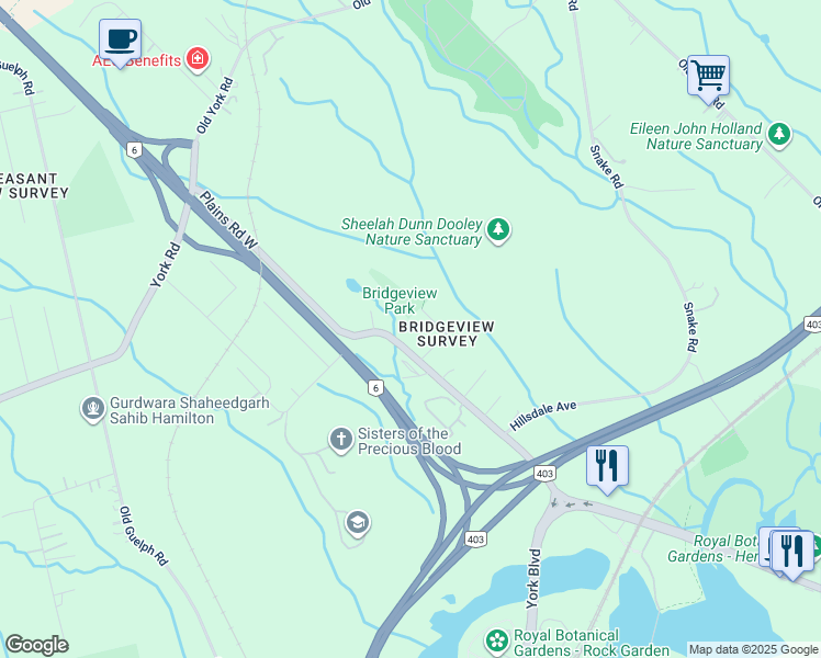 map of restaurants, bars, coffee shops, grocery stores, and more near 1491 Plains Road West in Burlington