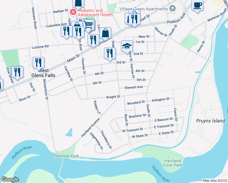 map of restaurants, bars, coffee shops, grocery stores, and more near 68 Staple Street in Glens Falls