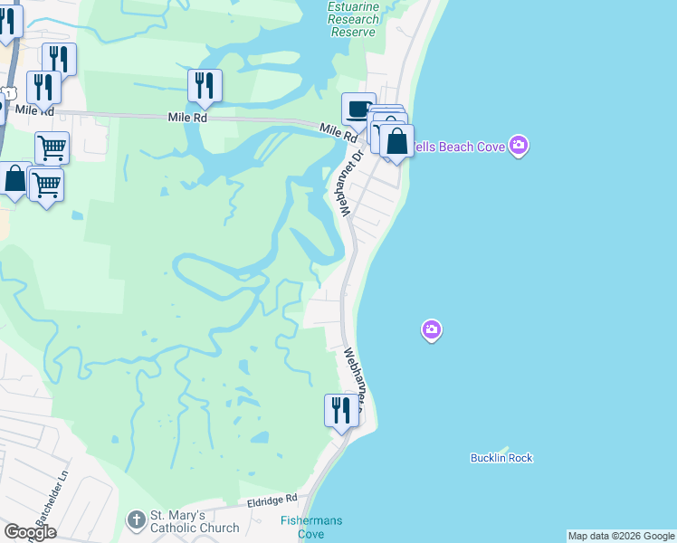 map of restaurants, bars, coffee shops, grocery stores, and more near 131 Webhannet Drive in Wells