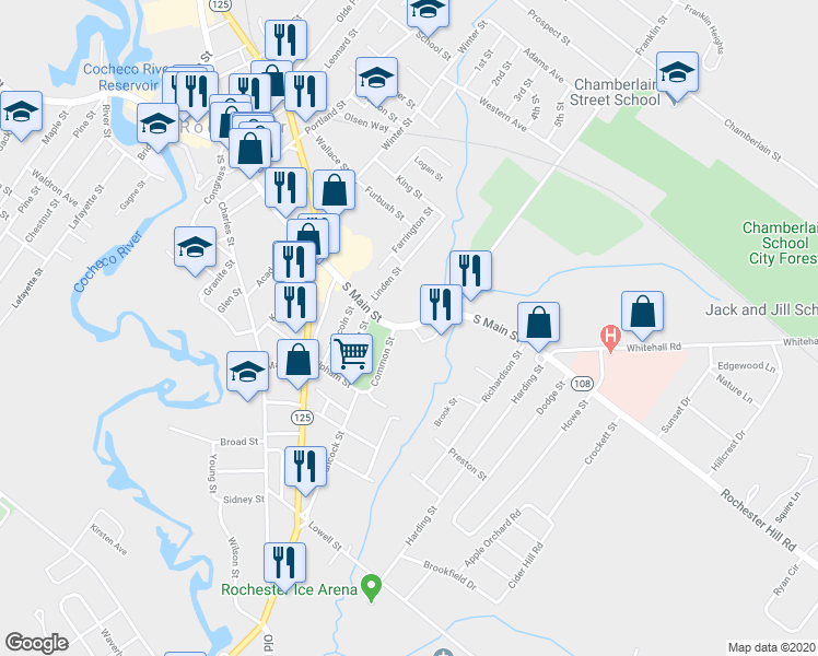 map of restaurants, bars, coffee shops, grocery stores, and more near 163 New Hampshire 108 in Rochester