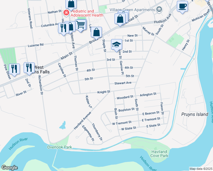 map of restaurants, bars, coffee shops, grocery stores, and more near 68 Staple Street in Glens Falls