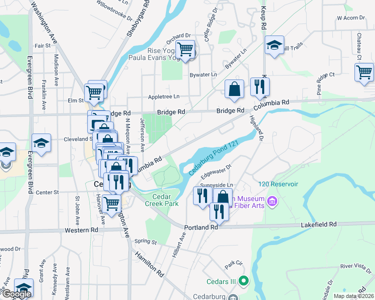 map of restaurants, bars, coffee shops, grocery stores, and more near N64W5733 Columbia Road in Cedarburg