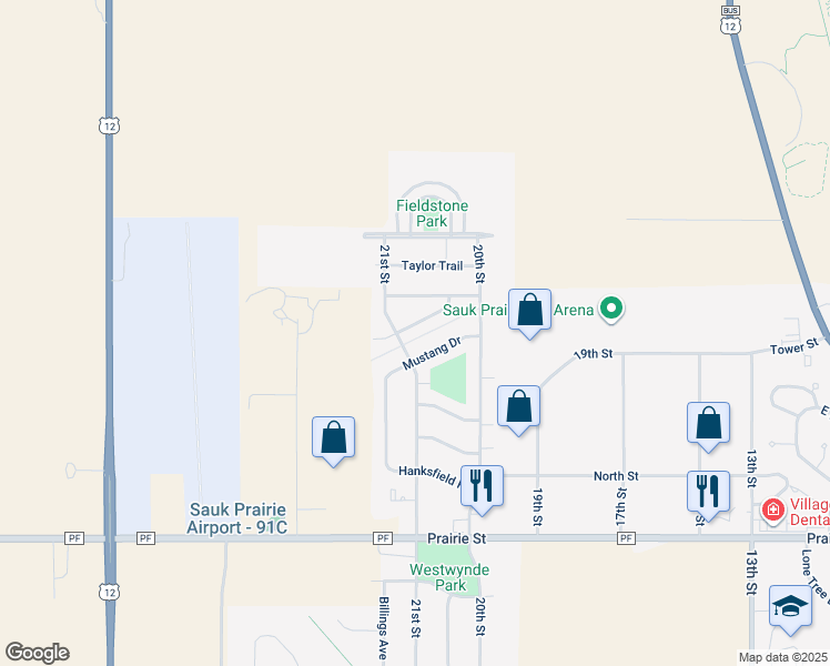 map of restaurants, bars, coffee shops, grocery stores, and more near 2030 Dakota Way in Prairie du Sac