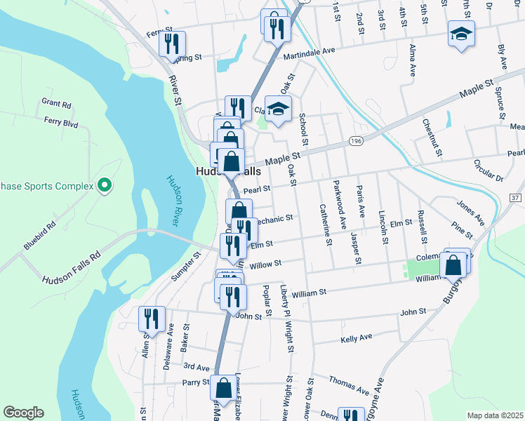 map of restaurants, bars, coffee shops, grocery stores, and more near 10 Hudson Place in Hudson Falls