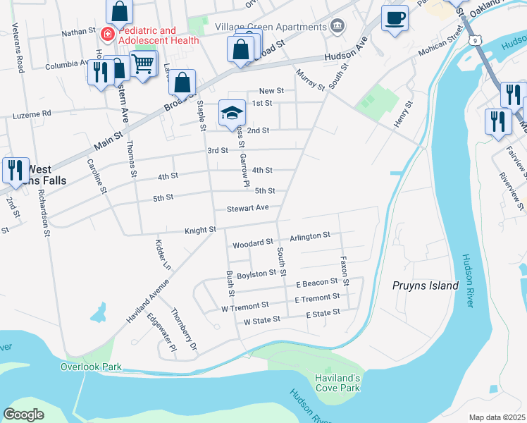 map of restaurants, bars, coffee shops, grocery stores, and more near 6 Stewart Ave in Glens Falls