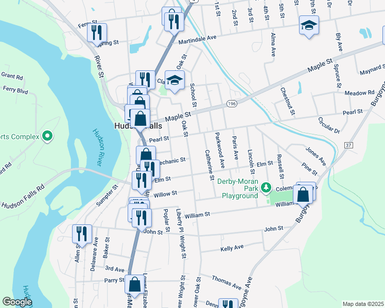 map of restaurants, bars, coffee shops, grocery stores, and more near 88 Oak Street in Hudson Falls