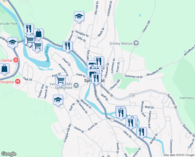 map of restaurants, bars, coffee shops, grocery stores, and more near 26 Main Street in Springfield