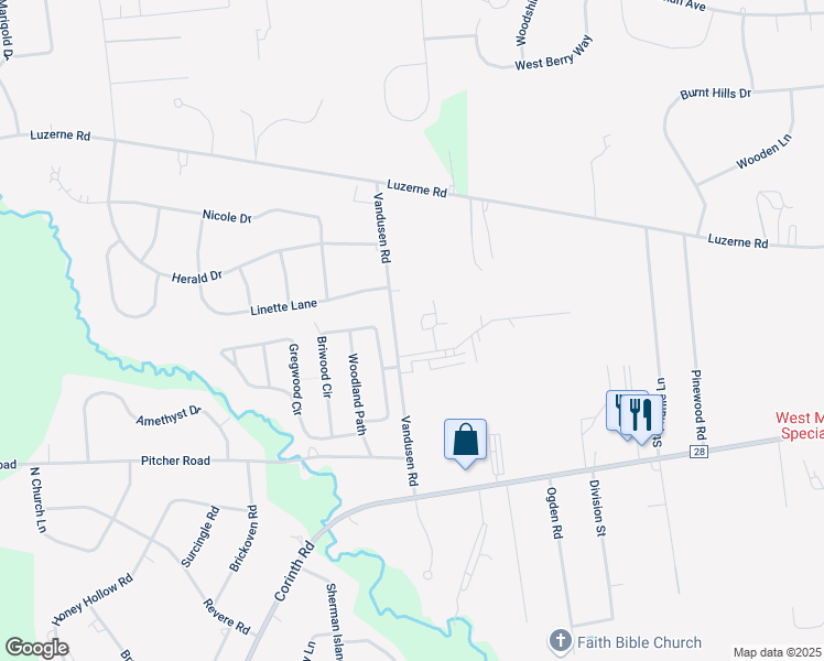 map of restaurants, bars, coffee shops, grocery stores, and more near 74 Vandusen Road in Queensbury