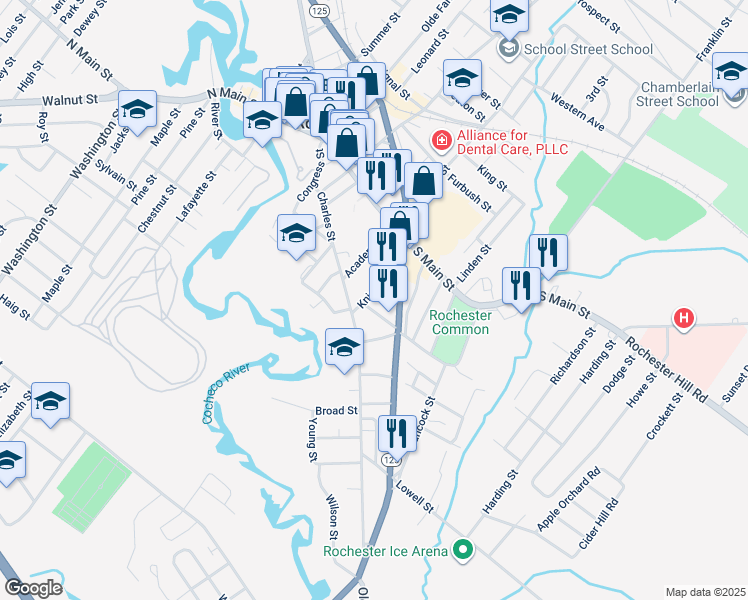 map of restaurants, bars, coffee shops, grocery stores, and more near 28 Knight Street in Rochester