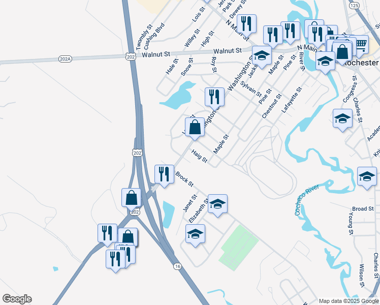 map of restaurants, bars, coffee shops, grocery stores, and more near 109 Washington Street in Rochester
