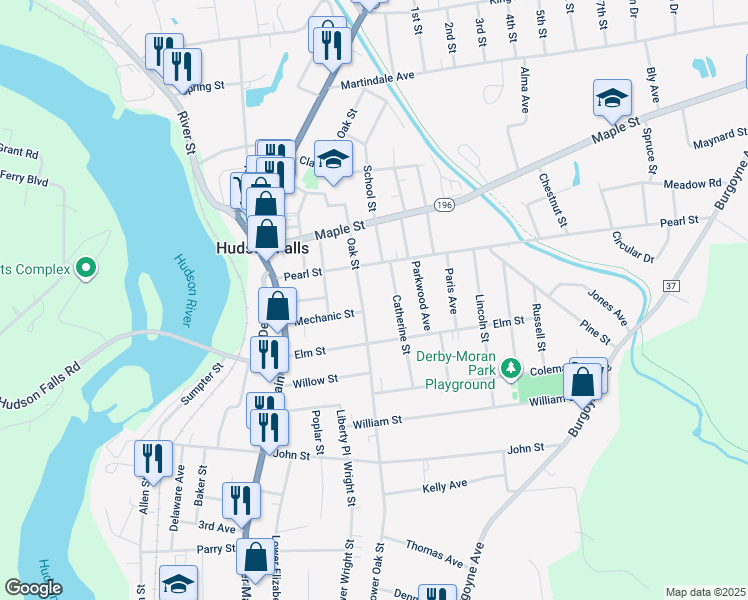 map of restaurants, bars, coffee shops, grocery stores, and more near 88 Oak Street in Hudson Falls