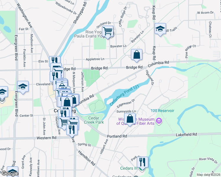 map of restaurants, bars, coffee shops, grocery stores, and more near N64W5733 Columbia Road in Cedarburg