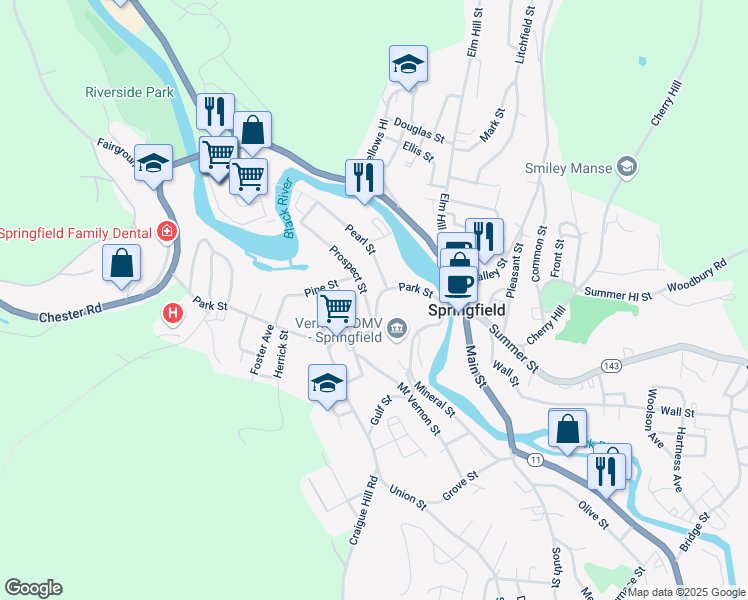 map of restaurants, bars, coffee shops, grocery stores, and more near 73 Park St in Springfield