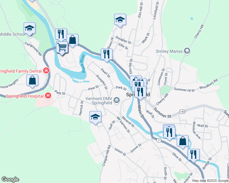 map of restaurants, bars, coffee shops, grocery stores, and more near 60 Park Street in Springfield