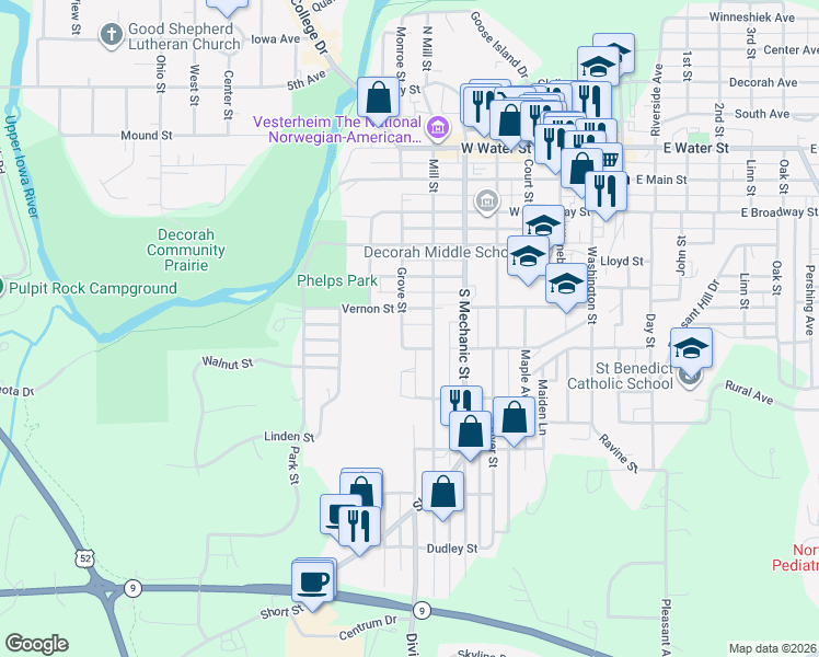 map of restaurants, bars, coffee shops, grocery stores, and more near 605 S Mill St in Decorah