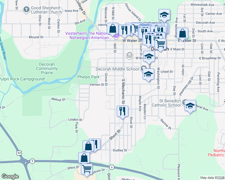 map of restaurants, bars, coffee shops, grocery stores, and more near 605 S Mill St in Decorah