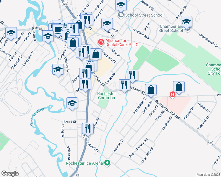 map of restaurants, bars, coffee shops, grocery stores, and more near 144 South Main Street in Rochester