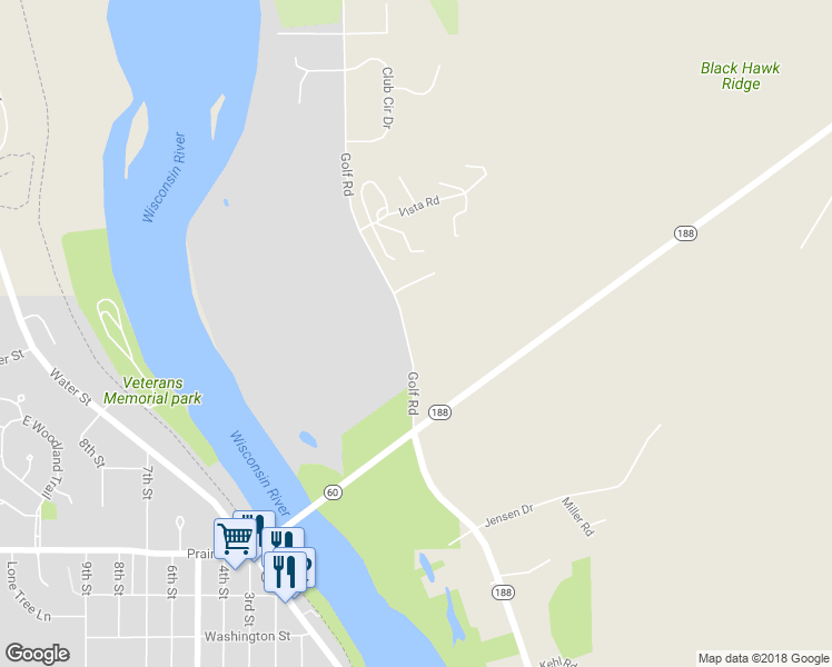 map of restaurants, bars, coffee shops, grocery stores, and more near N676 Golf Road in Prairie du Sac