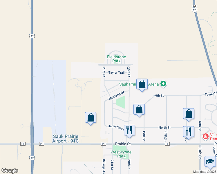 map of restaurants, bars, coffee shops, grocery stores, and more near 2030 Dakota Way in Prairie du Sac