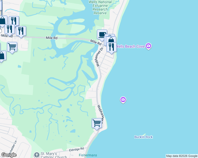 map of restaurants, bars, coffee shops, grocery stores, and more near 131 Webhannet Drive in Wells