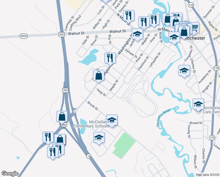 map of restaurants, bars, coffee shops, grocery stores, and more near 106 Maple Street in Rochester