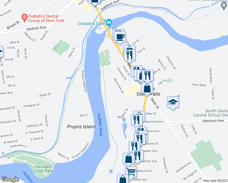 map of restaurants, bars, coffee shops, grocery stores, and more near 18 Riverview Street in South Glens Falls