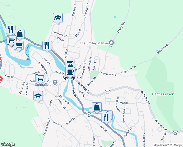 map of restaurants, bars, coffee shops, grocery stores, and more near 63 Summer Hill Street in Springfield