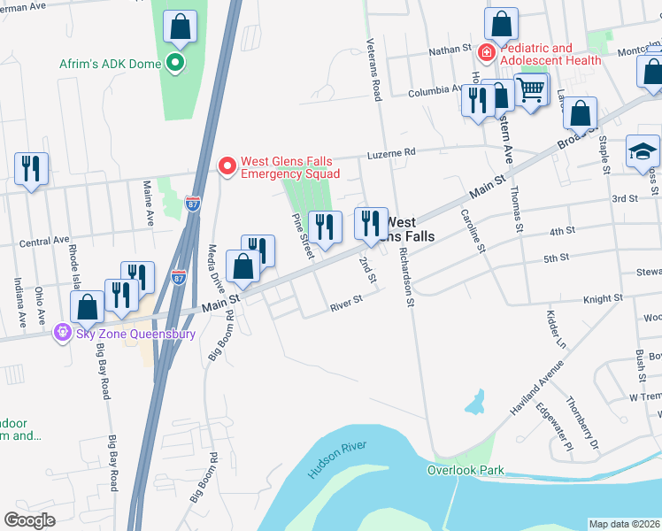 map of restaurants, bars, coffee shops, grocery stores, and more near 78 Main Street in Queensbury