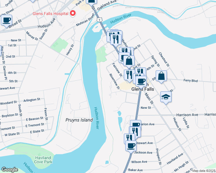 map of restaurants, bars, coffee shops, grocery stores, and more near 20 Riverview Street in South Glens Falls
