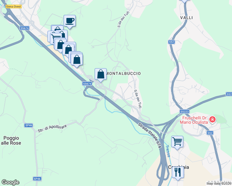 map of restaurants, bars, coffee shops, grocery stores, and more near in Siena