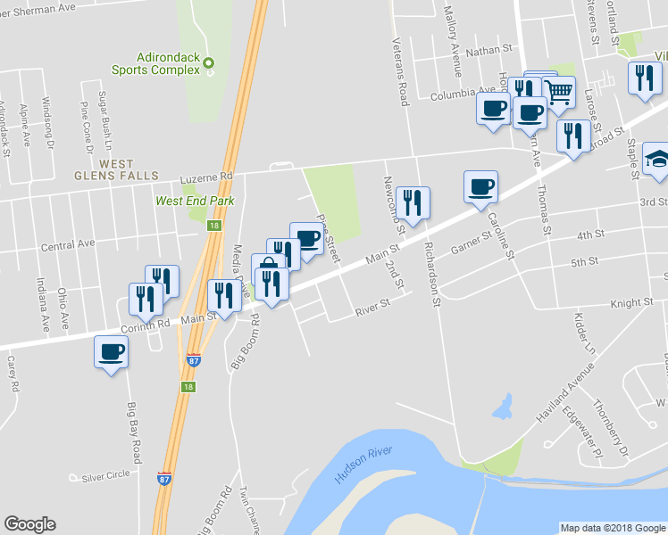 map of restaurants, bars, coffee shops, grocery stores, and more near 81 Main Street in West Glens Falls