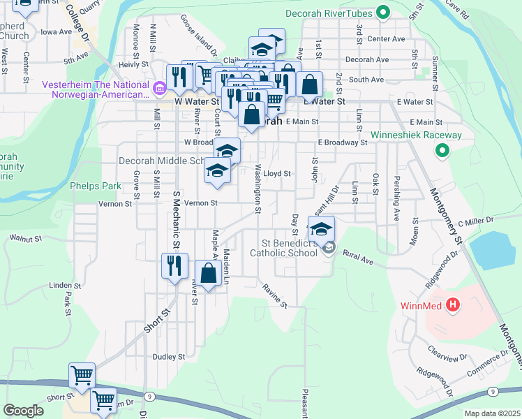 map of restaurants, bars, coffee shops, grocery stores, and more near 510 Washington Street in Decorah