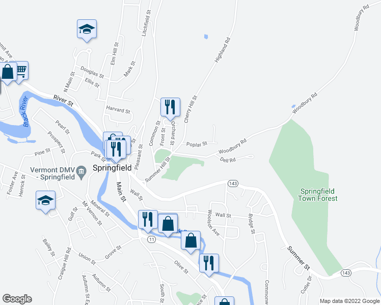 map of restaurants, bars, coffee shops, grocery stores, and more near 72 Summer Hill Street in Springfield