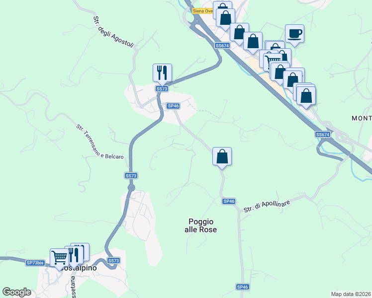 map of restaurants, bars, coffee shops, grocery stores, and more near 49 Strada di Monastero in Siena