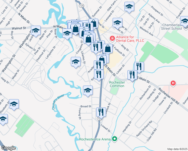 map of restaurants, bars, coffee shops, grocery stores, and more near 28 Knight Street in Rochester