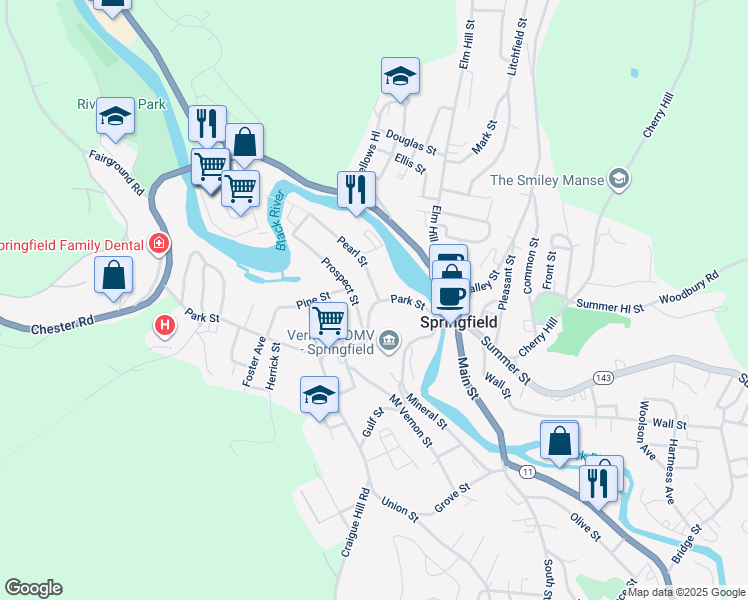 map of restaurants, bars, coffee shops, grocery stores, and more near 73 Park Street in Springfield