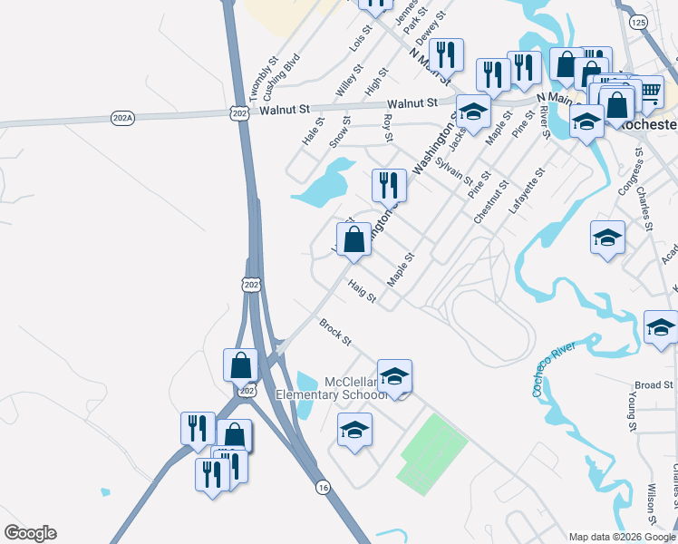 map of restaurants, bars, coffee shops, grocery stores, and more near 109 Washington Street in Rochester