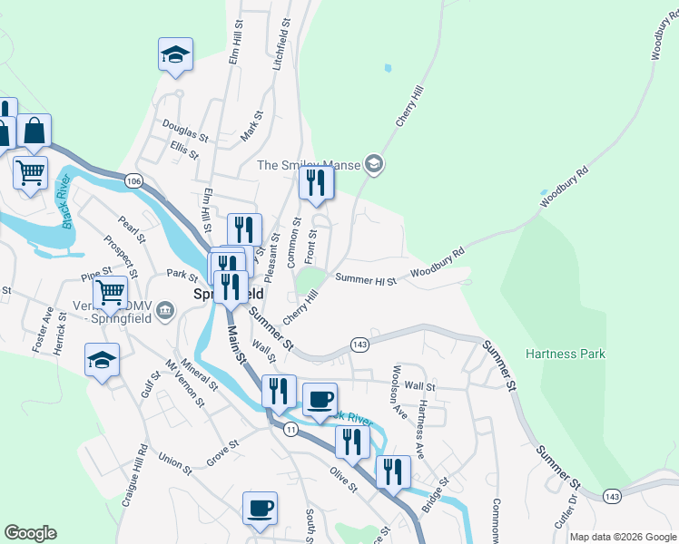 map of restaurants, bars, coffee shops, grocery stores, and more near 9 Cherry Hill Street in Springfield