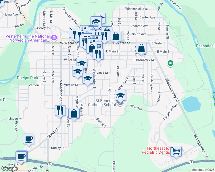 map of restaurants, bars, coffee shops, grocery stores, and more near 526-598 Day Street in Decorah