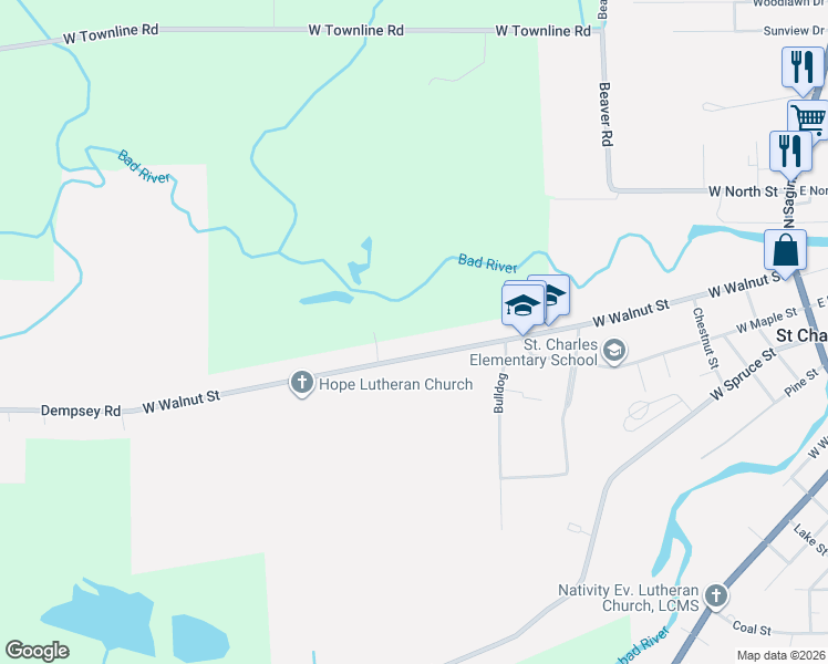 map of restaurants, bars, coffee shops, grocery stores, and more near 1000 West Walnut Street in Saint Charles