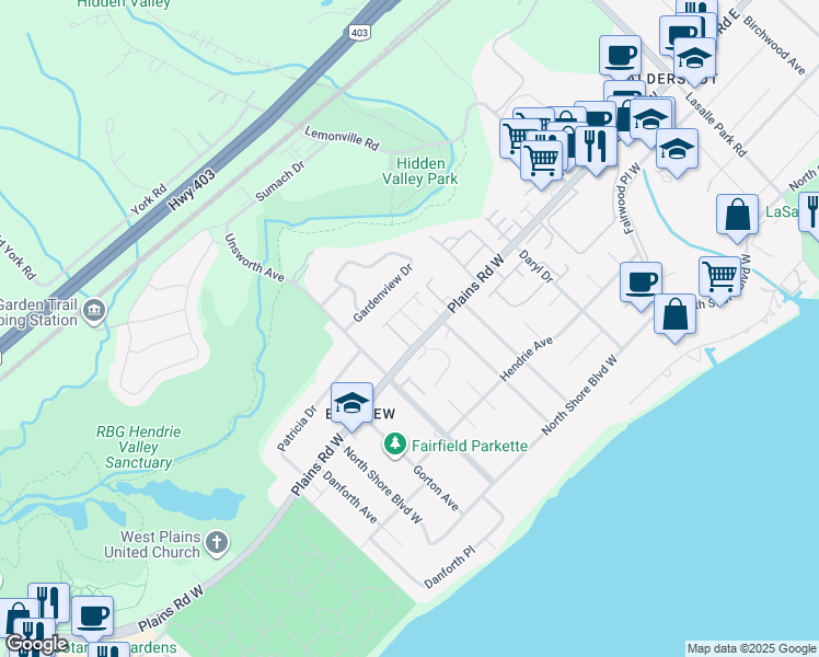 map of restaurants, bars, coffee shops, grocery stores, and more near 295 Plains Road West in Burlington