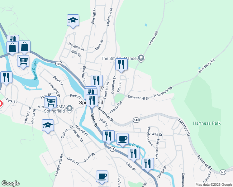 map of restaurants, bars, coffee shops, grocery stores, and more near 63 Summer Hill Street in Springfield