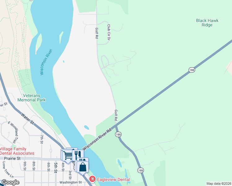 map of restaurants, bars, coffee shops, grocery stores, and more near N676 Golf Road in Prairie du Sac
